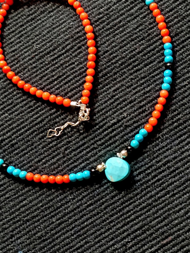 Colier argint coral onix turcoaz reconstruit brioleta turcoaz natural minimalist boho chic trendy