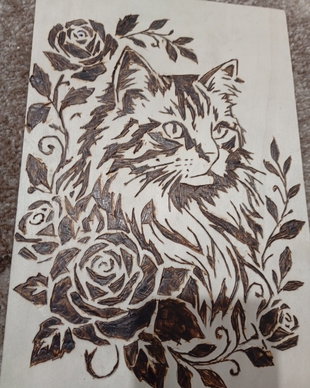 Tablou Lemn Pirogravat Manual - Pisică cu Trandafiri (Handmade)