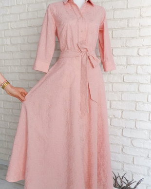 Rochie Camasa Lunga Panza Brodata Roz Prafuit