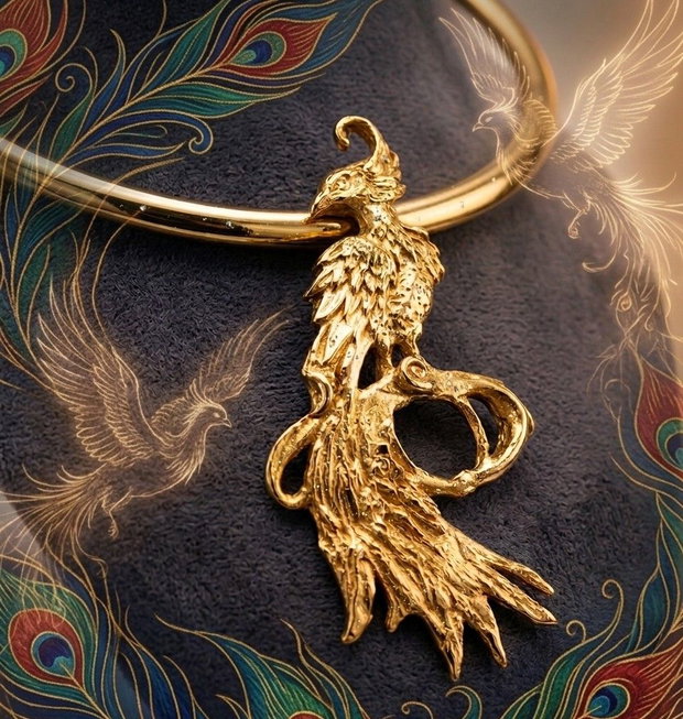 Pandantiv unicat, pasăre Phoenix modelata din bronz auriu