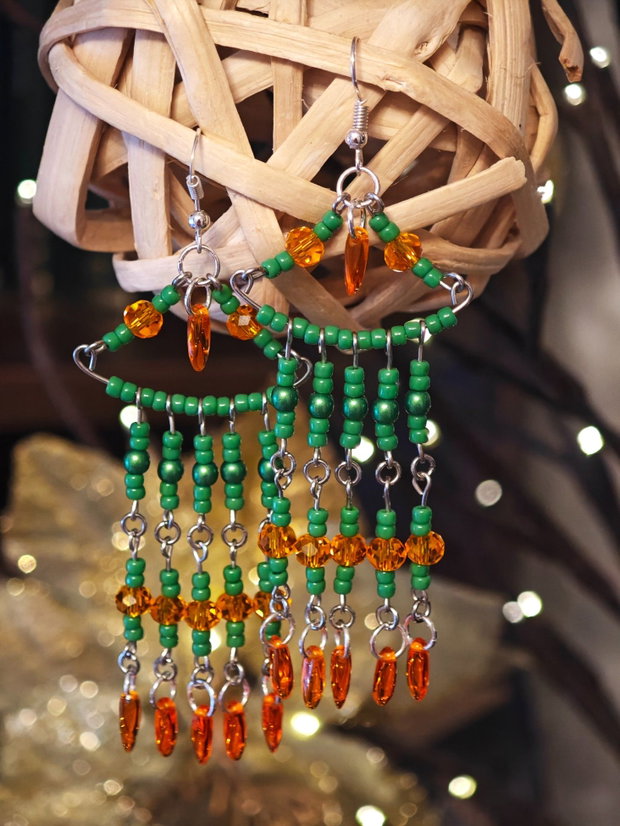 Cercei unicat Boho lungi verde portocaliu din mărgele sticla Cehia