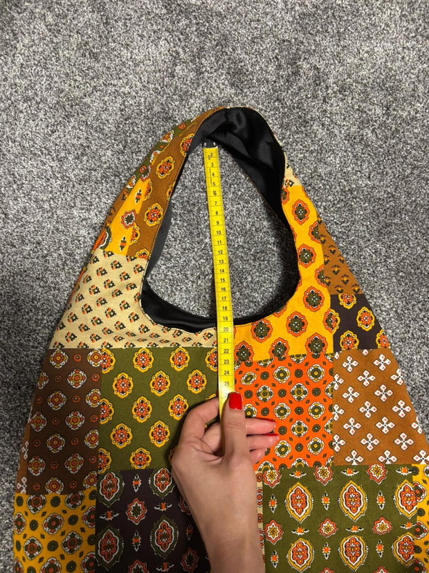Geantă tote patchwork handmade, in și bumbac, model multicolor, 44x38 cm