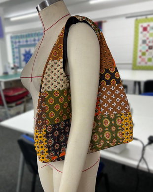 Geantă tote patchwork handmade, in și bumbac, model multicolor, 44x38 cm