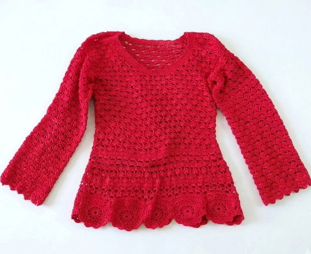 Bluza bumbac crosetata rosu coral