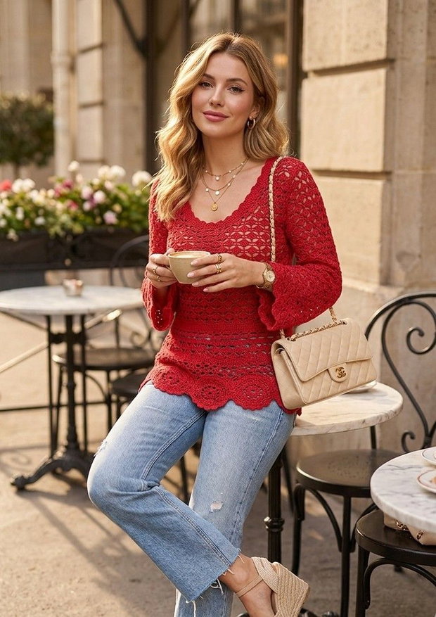 Bluza bumbac crosetata rosu coral