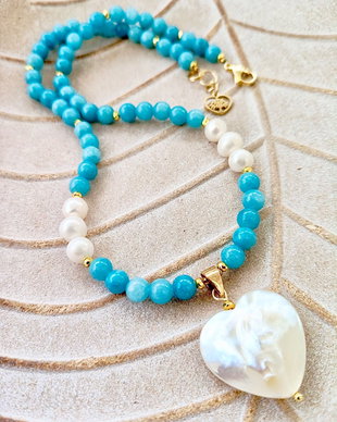 Colier aquamarin / acvamarin, perle de cultura & inima sidef alb