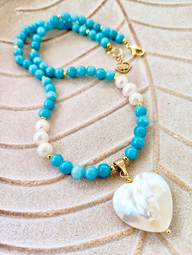 Colier aquamarin / acvamarin, perle de cultura & inima sidef alb