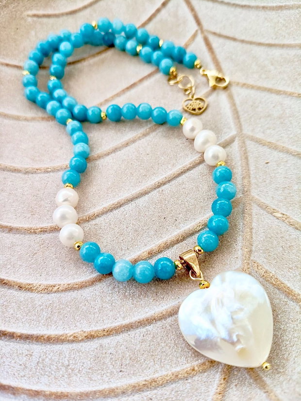 Colier aquamarin / acvamarin, perle de cultura & inima sidef alb