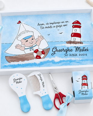 Tava mot tema marins, pictata manual personalizata, set marinar