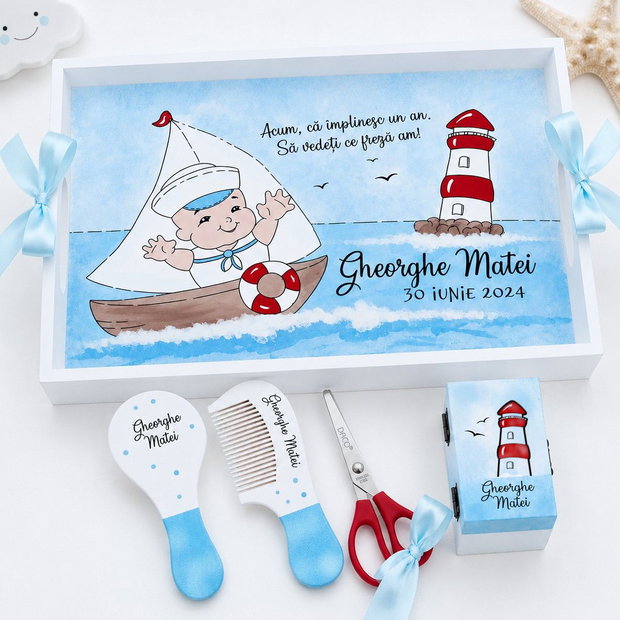 Tava mot tema marins, pictata manual personalizata, set marinar