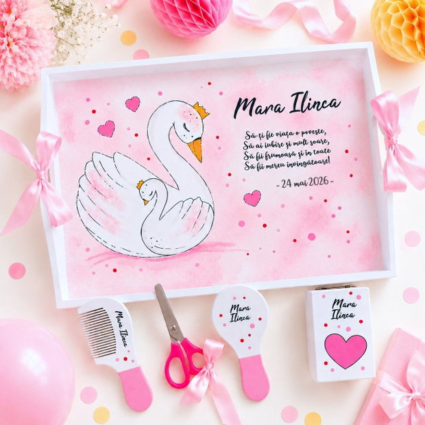Tava turta lebada pictata manual personalizat cu nume, set prima aniversare