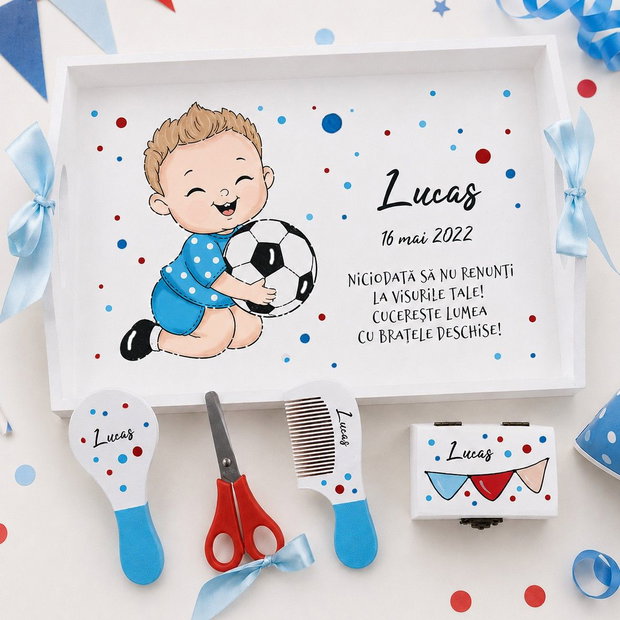 Tava taierea motului baiatel cu minge, fotbalist, pictata manual personalizata