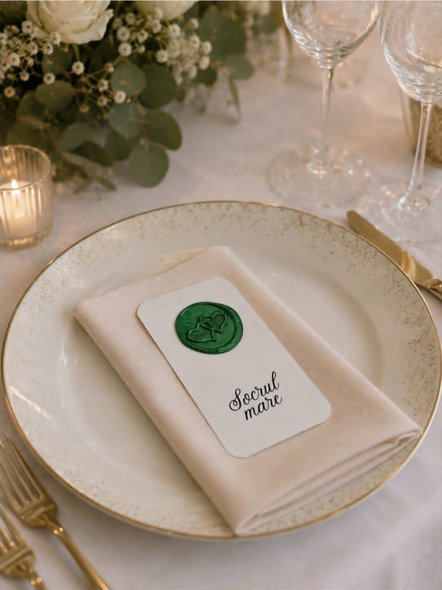 Place cards personalizate cu sigiliu de ceară verde - Eleganță pentru nunta ta