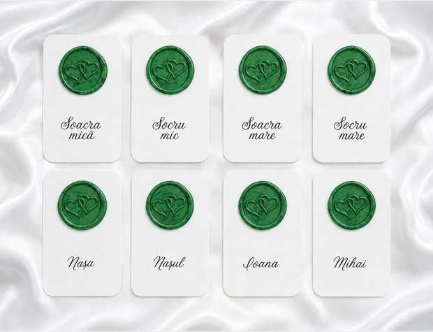 Place cards personalizate cu sigiliu de ceară verde - Eleganță pentru nunta ta