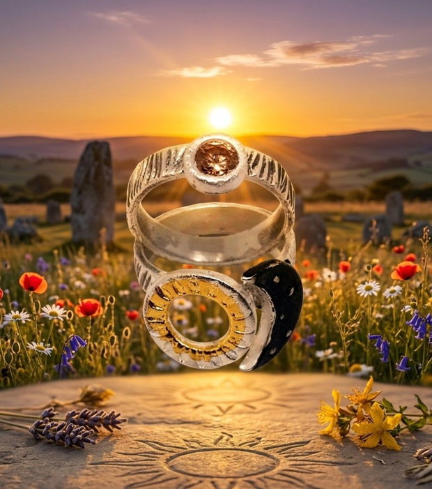 Inel unicat, compus din doua inele intricate, cu tema cosmica (soare si luna) din argint pur, decorate cu Aur 22K si cubic zirconii
