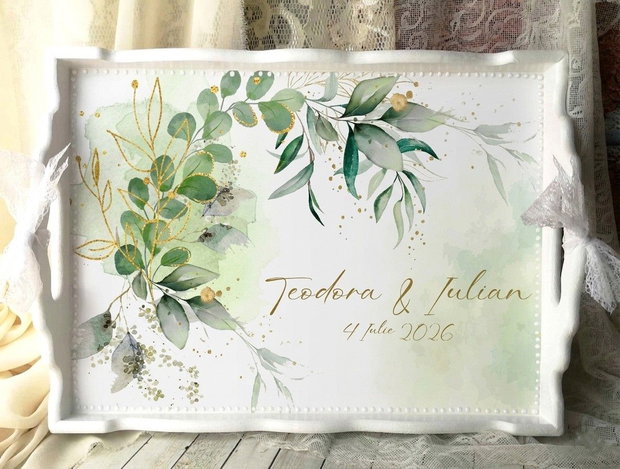 Tava personalizata pentru gatit mireasa - tema verde, autiu, frunze