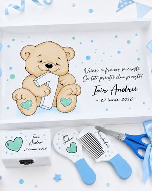Tava taierea motului ursulet pictata manual, set personalizat cu nume