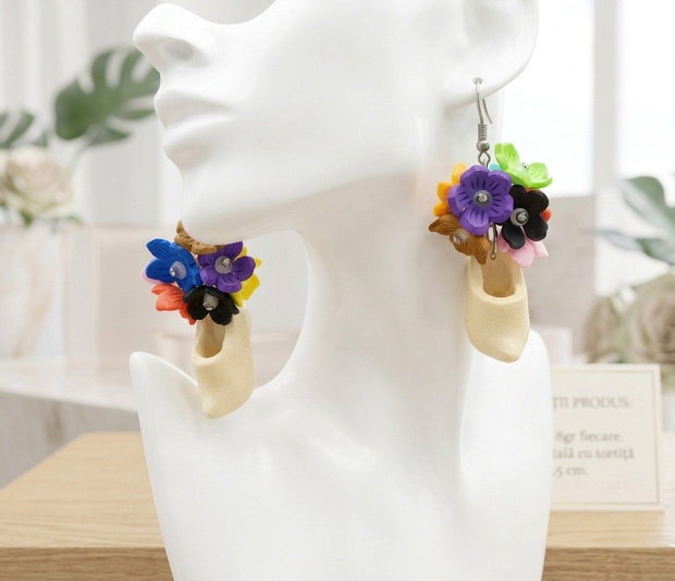 Cercei handmade lungi cu flori multicolore, mini saboți, Cadou Femei (cod1450)