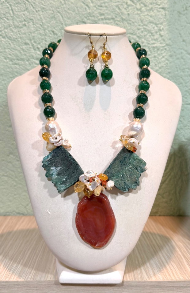 SET~EMERALD FOREST~jad,perle baroc,quartz electroplacat,hematit,citrin ,inox
