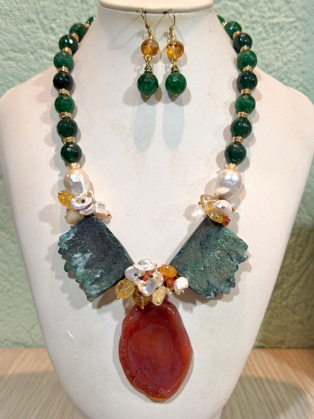 SET~EMERALD FOREST~jad,perle baroc,quartz electroplacat,hematit,citrin ,inox