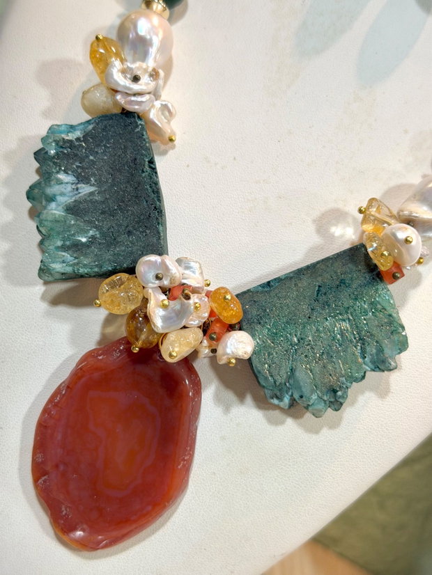 SET~EMERALD FOREST~jad,perle baroc,quartz electroplacat,hematit,citrin ,inox