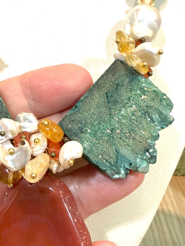 SET~EMERALD FOREST~jad,perle baroc,quartz electroplacat,hematit,citrin ,inox