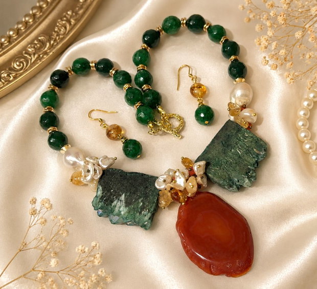 SET~EMERALD FOREST~jad,perle baroc,quartz electroplacat,hematit,citrin ,inox