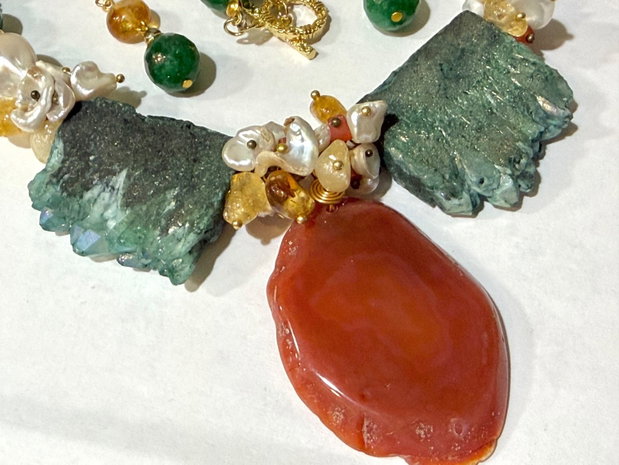 SET~EMERALD FOREST~jad,perle baroc,quartz electroplacat,hematit,citrin ,inox