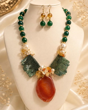 SET~EMERALD FOREST~jad,perle baroc,quartz electroplacat,hematit,citrin ,inox