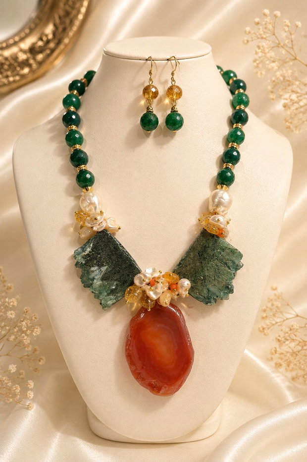SET~EMERALD FOREST~jad,perle baroc,quartz electroplacat,hematit,citrin ,inox