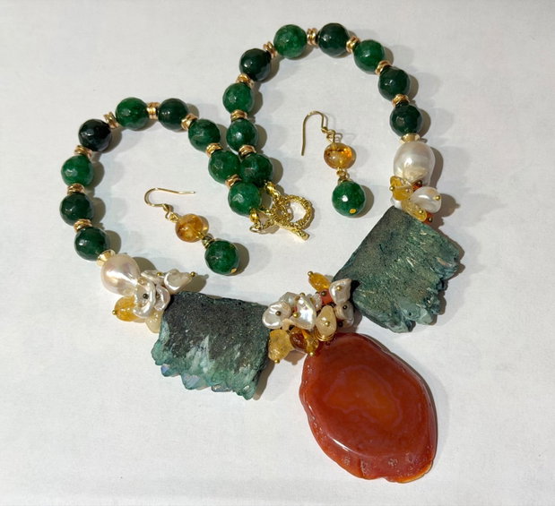SET~EMERALD FOREST~jad,perle baroc,quartz electroplacat,hematit,citrin ,inox