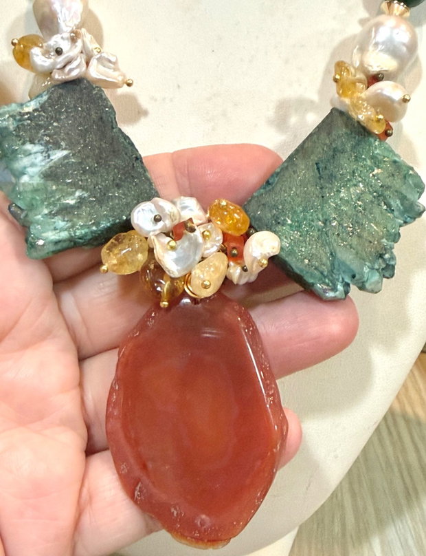 SET~EMERALD FOREST~jad,perle baroc,quartz electroplacat,hematit,citrin ,inox