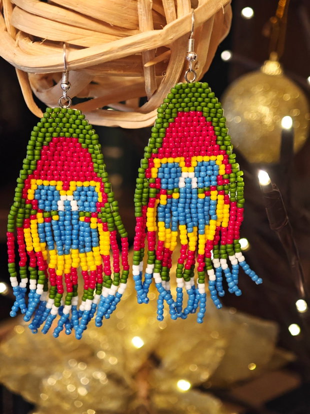 Cercei unicat Boho lungi panseluța multicolor din mărgele sticla Cehia