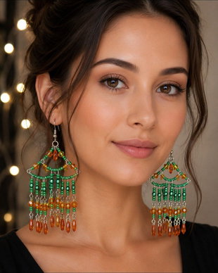 Cercei unicat Boho lungi verde portocaliu din mărgele sticla Cehia