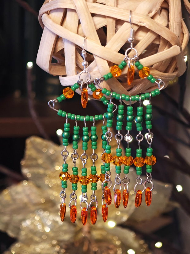 Cercei unicat Boho lungi verde portocaliu din mărgele sticla Cehia