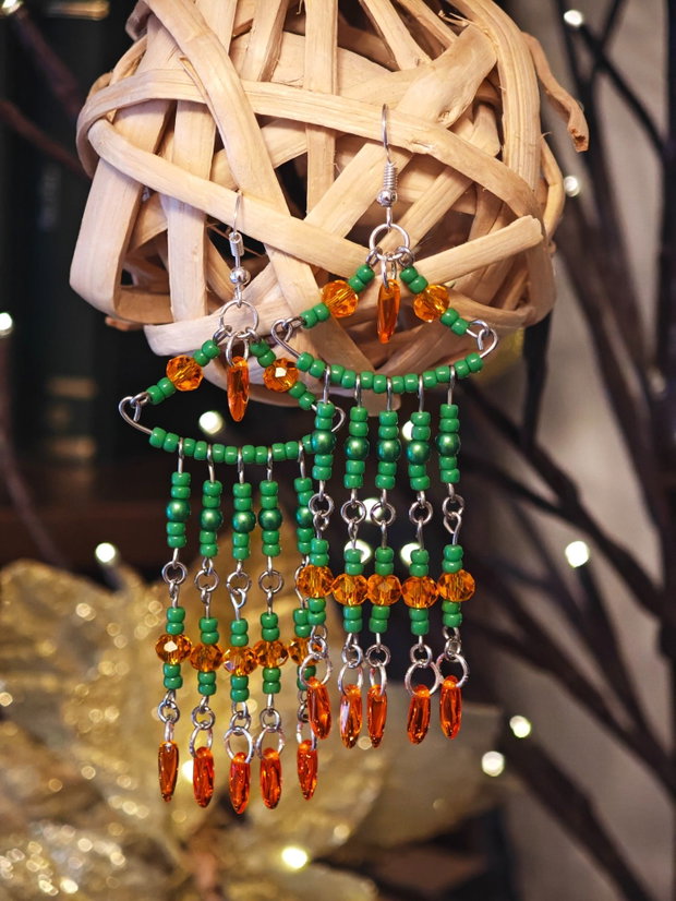 Cercei unicat Boho lungi verde portocaliu din mărgele sticla Cehia