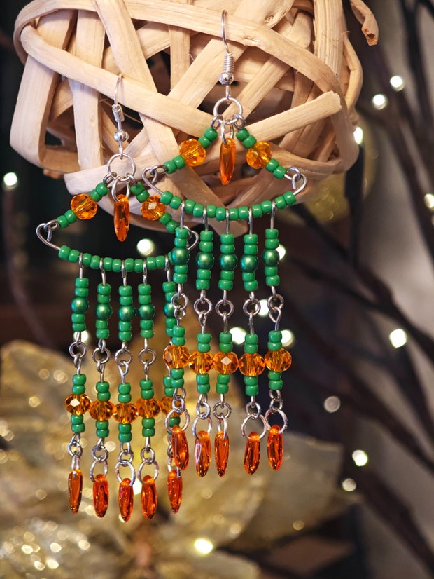 Cercei unicat Boho lungi verde portocaliu din mărgele sticla Cehia