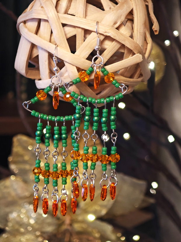 Cercei unicat Boho lungi verde portocaliu din mărgele sticla Cehia