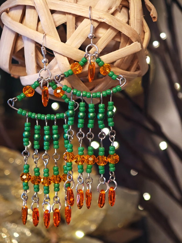 Cercei unicat Boho lungi verde portocaliu din mărgele sticla Cehia