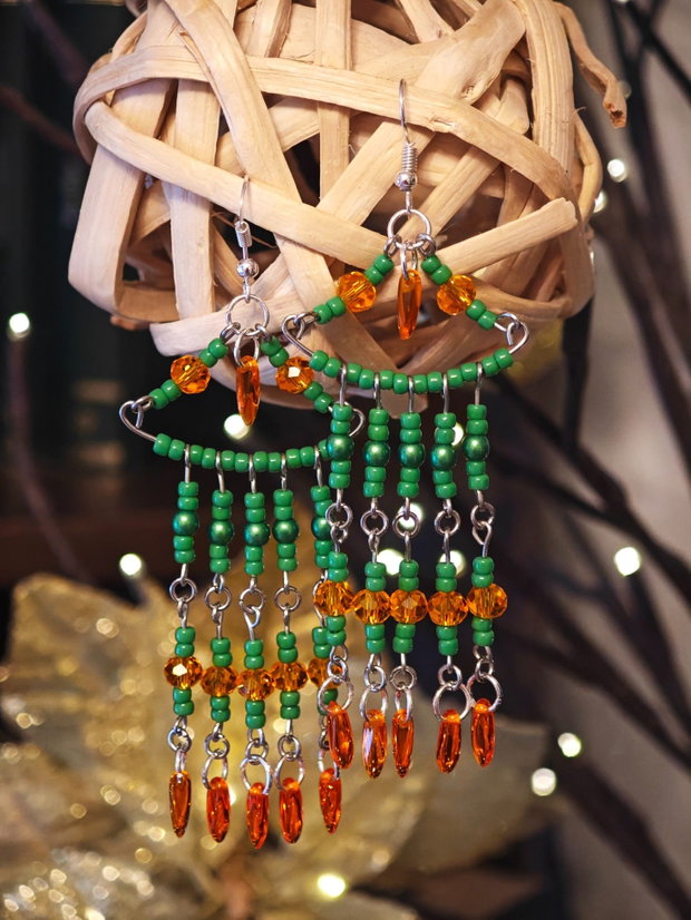 Cercei unicat Boho lungi verde portocaliu din mărgele sticla Cehia