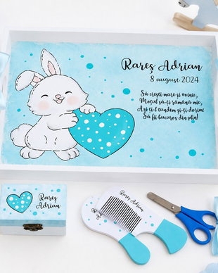 Tava taierea motului cu iepuras, set aniversare pictat manual, personalizat