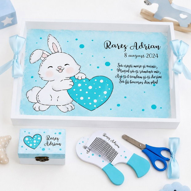 Tava taierea motului cu iepuras, set aniversare pictat manual, personalizat