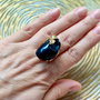 Inel perla baroc neagra, cristale zirconia & inox placat cu aur