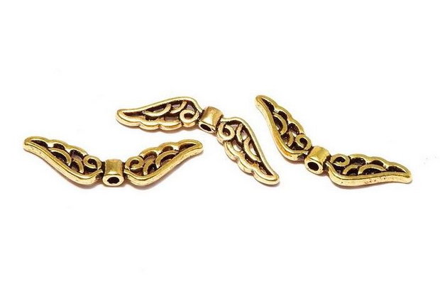 Margele din metal, auriu antichizat, aripi, 6x21 mm