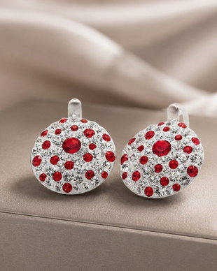 Cercei handmade cu cristale Chaton Queen Red & White,  Argint 925