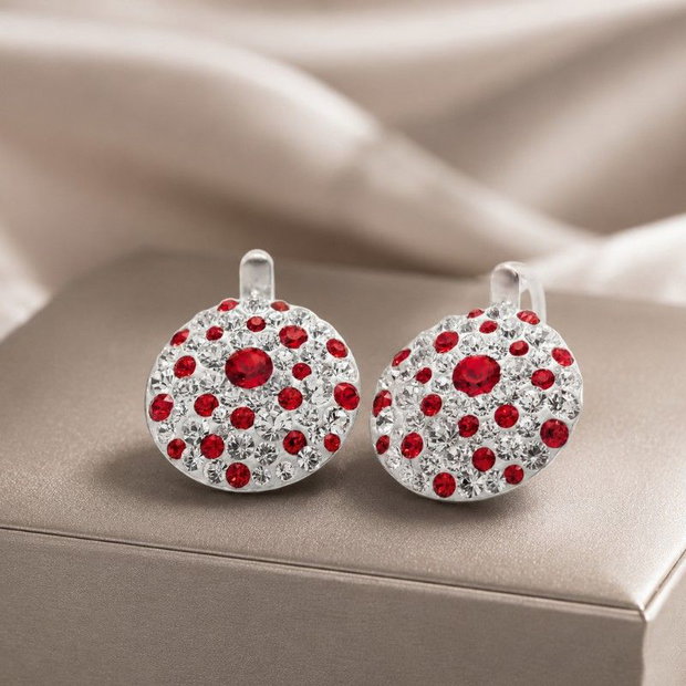 Cercei handmade cu cristale Chaton Queen Red & White, Argint 925