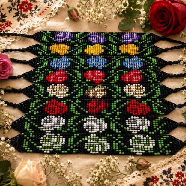 Bratara traditionala din margele cu model floral