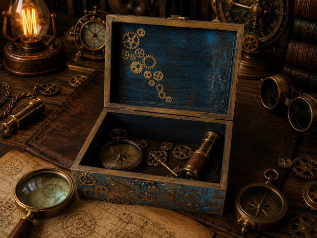 Casetă decorată manual, design steampunk vintage, cadou ideal pentru bărbați