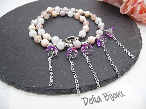 Colier Handmade cu Flori Mov și Mărgele Perlate Eleganță și Farmec Romantic (cod1451)
