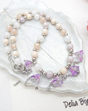 Colier Handmade cu Flori Mov și Mărgele Perlate  Eleganță și Farmec Romantic (cod1451)